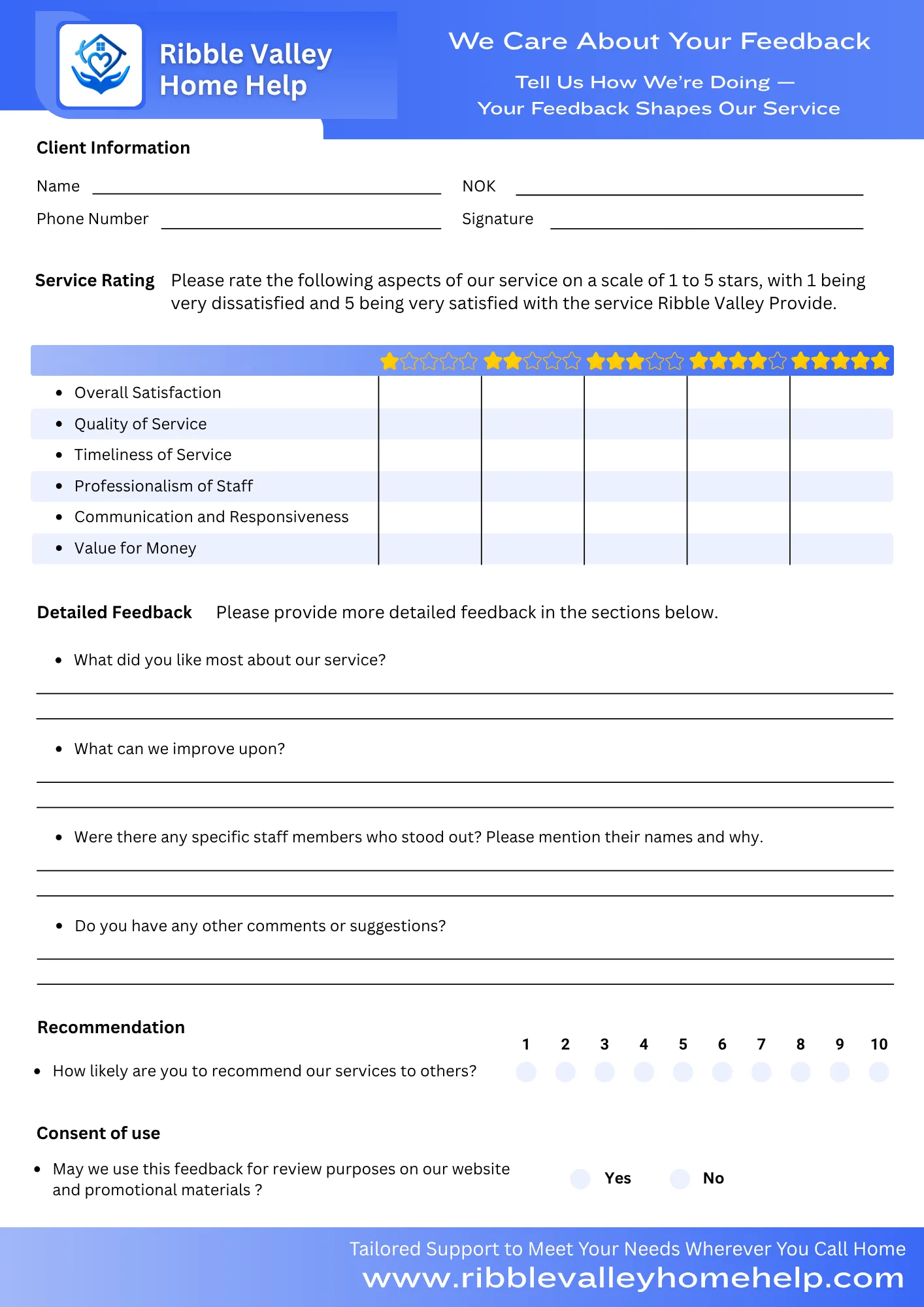Ribble Valley Client Feedback Form